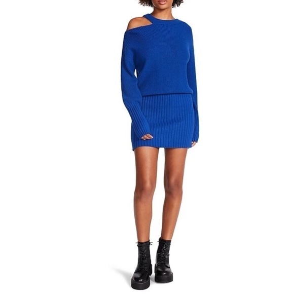 Steve Madden Blue Remi Crew Neck Cold Shoulder Long Sleeve Mini Sweater Dress - Picture 1 of 13